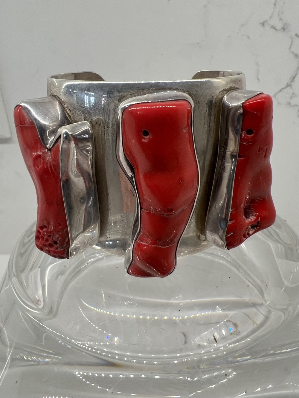 Rebecca Collins Red Coral Silver Cuff Bracelet - Bold Red Statement